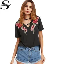 Sheinside Crisscross V Neck Rose Patch Tee Summer Fashion Tee Shirt Women Loose Black V Neck Embroidery T-Shirt