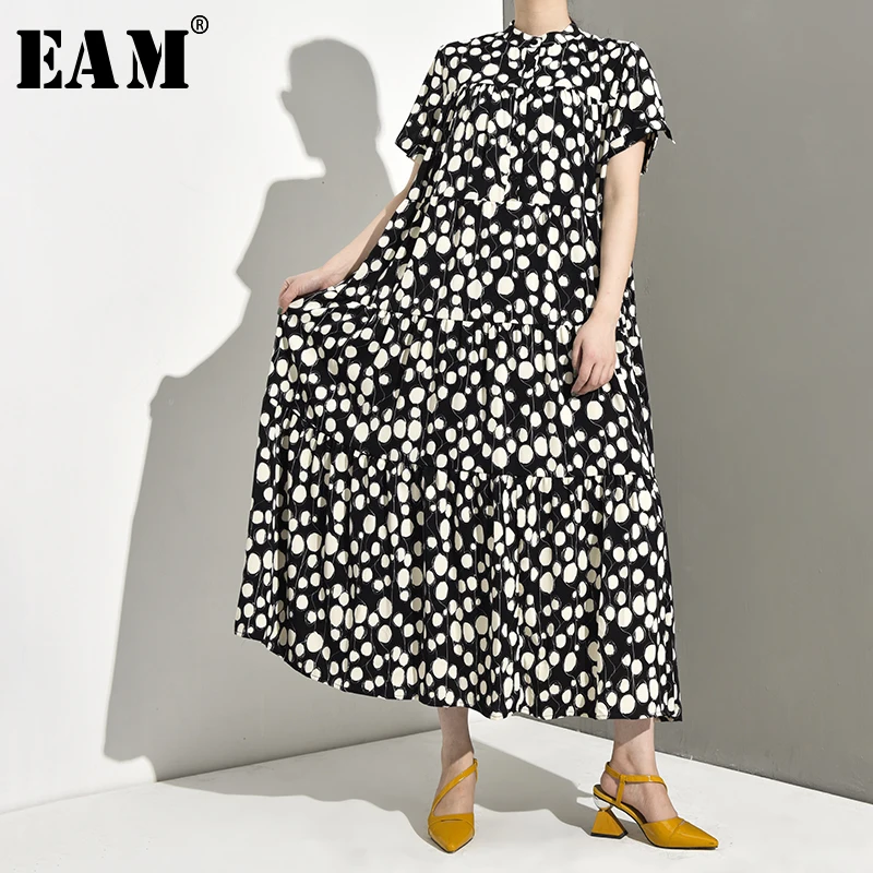 

[EAM] 2019 New Spring Summer satnd collar Short Sleeve pattern printed loose long big size Dress Women Fashion Tide JY266
