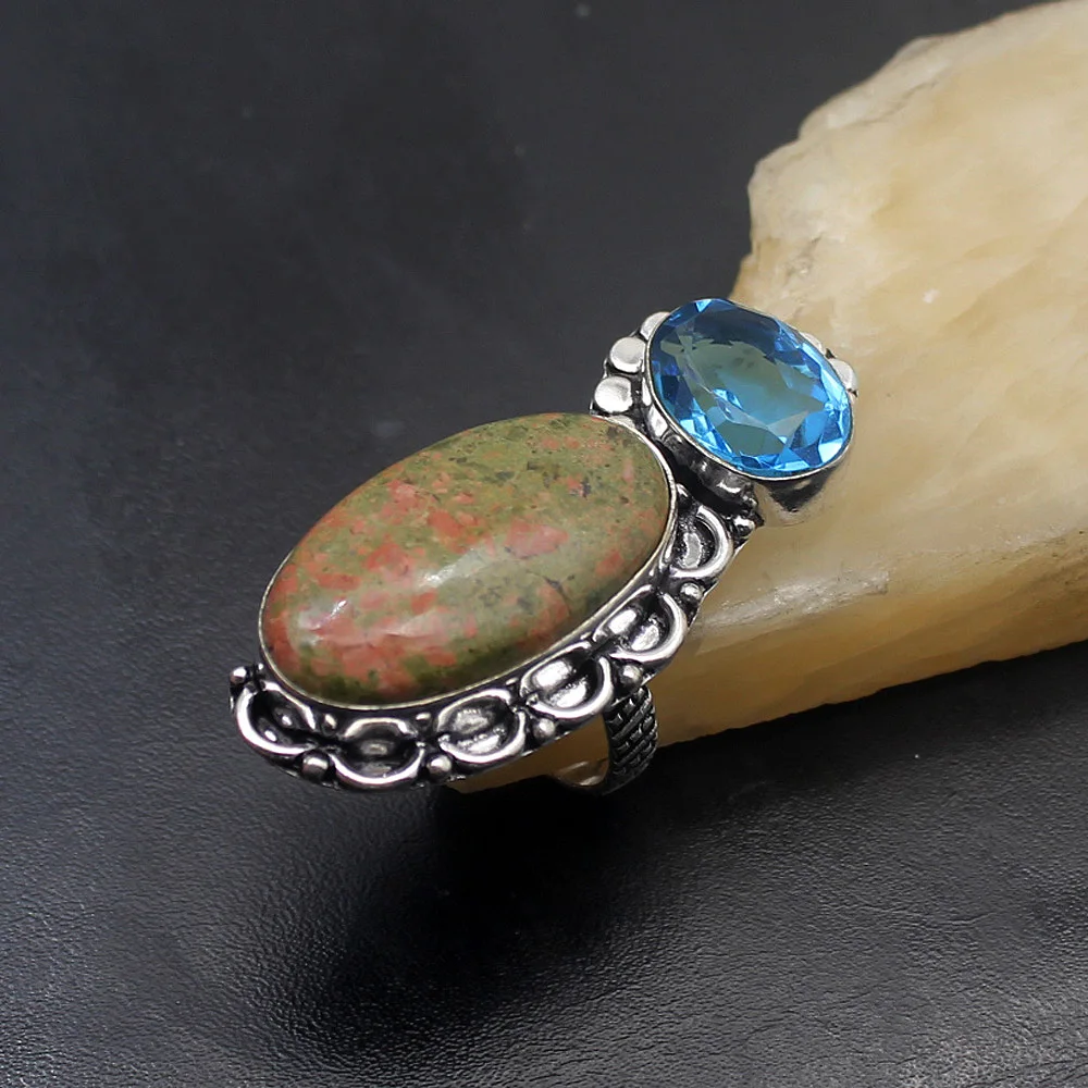 

Unique Charms BlueTopaz Green Unakite925 Sterling Silver Band Ring Size 7.5 Free Shipping TF576