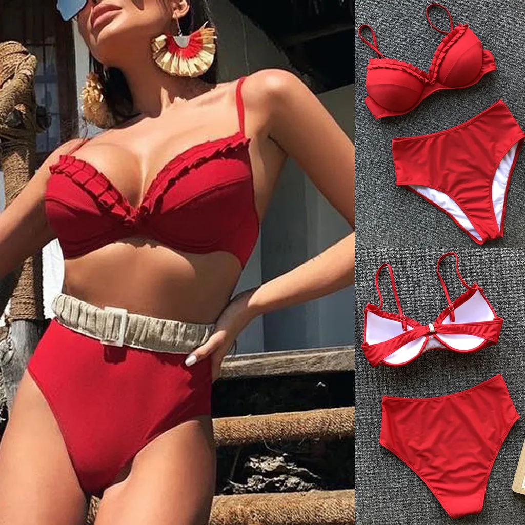 

Push up ruffle bikini Red swimsuit female Vintage high waist swimwear women bathing suit Fashion two-piece Biquini mujer #NEW