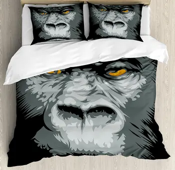 

Modern Duvet Cover Set Close Up Gorilla Portrait with Orange Eyes Zoo Jungle Animal Wild Money Graphic 4 Piece Bedding Set