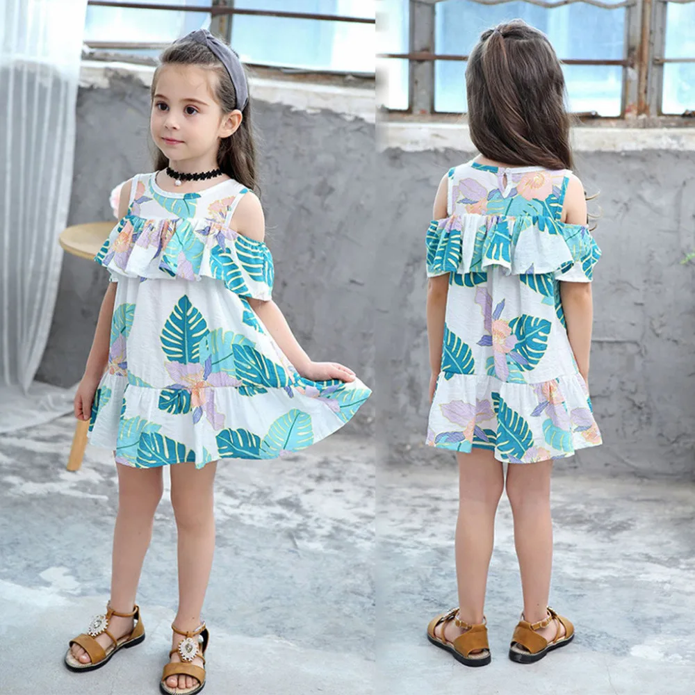 Toddler Kids Baby Girl Leaves Print Beachwear Princess Dress Sundress