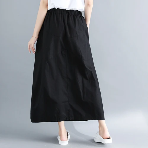 Женская длинная юбка размера плюс с высокой талией, винтажная хлопковая и льняная юбка, Женская свободная художественная юбка размера плюс, Длинная черная
