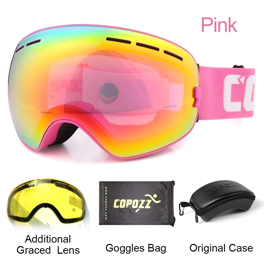 COPOZZ брендовые лыжные очки 2 слоя линзы Анти-Туман UV400 день и ночь сферические сноуборд очки для мужчин и женщин Лыжный Снег очки набор - Цвет: Frame Pink Set