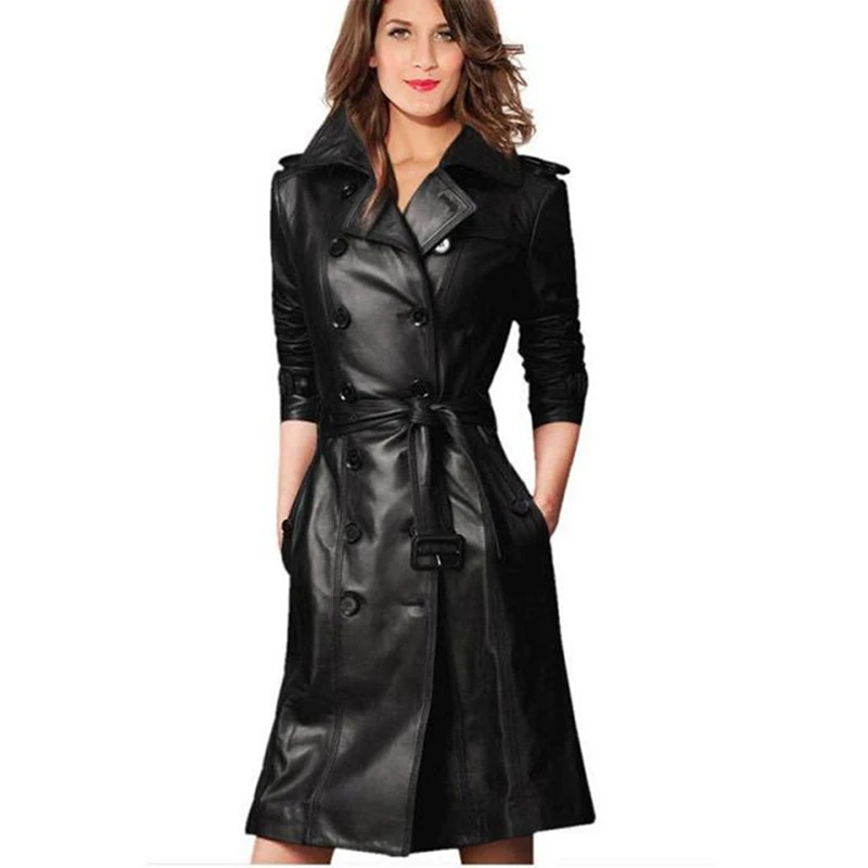 Autumn Winter Long Black Pu Leather Trench Coat Women Turn down Collar ...