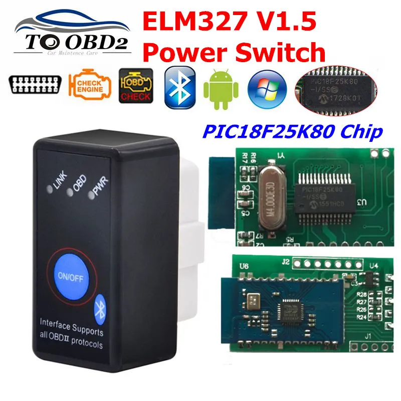 

PCB PIC18F25K80 Chip Mini ELM327 Bluetooth V1.5 OBD2 Diagnostic tool with Switch ELM 327 V 1.5 OBD 2 OBDII Code Reader Scanner