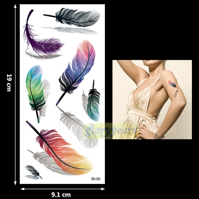 

New 1PC Fashion Women Men Waterproof Temporary Tattoo Simulation Removable Vivid Body Art 3D-03 Colorful Feather Blue Orange