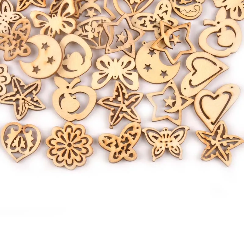 

natrual Random mixed Moon/Star/heart pattern wooden Scrapbooking Craft for Home decoration 20-35mm 25pcs MT0691