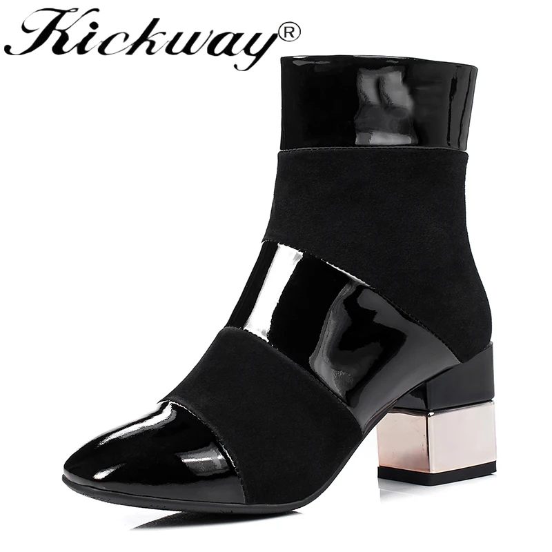 

Kickway Women Ankle Boots cow suede and pu leather med Heel Pumps Square Toe New Fashion Woman Shoes plus size 34-44 botas mujer