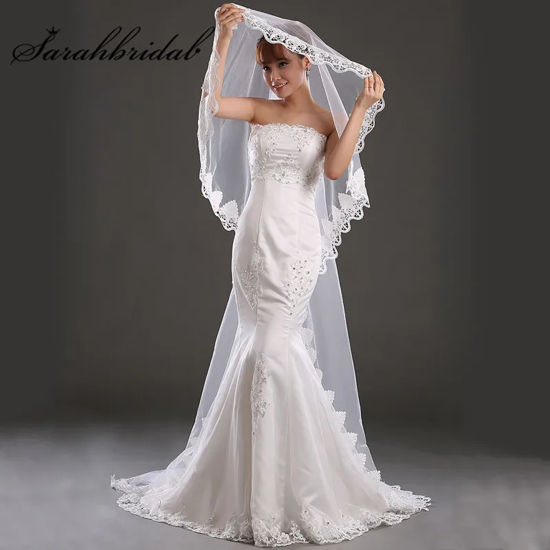 Designer Long Bridal Veils 2017 Ivory 3 Meters Lace Applique Tulle Veil