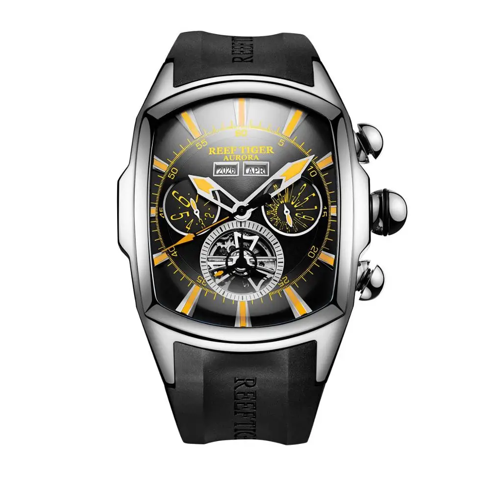 Reef Tiger/RT брендовые большие спортивные часы, мужские автоматические часы с резиновым ремешком, светящиеся синие часы с турбийоном, мужские часы RGA3069 - Цвет: RGA3069-YBBG