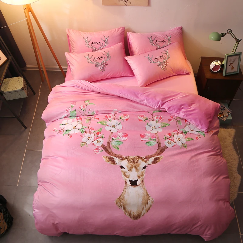 

2017 New 4-Pieces Fleece fabric Luxury Bedding Set Cartoon Elk Bed Set Twin Queen Bed Linens Duvet Cover Bed Sheet