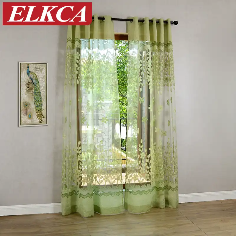 Pink Green Flower Burnout Tulle Curtains For Living Room