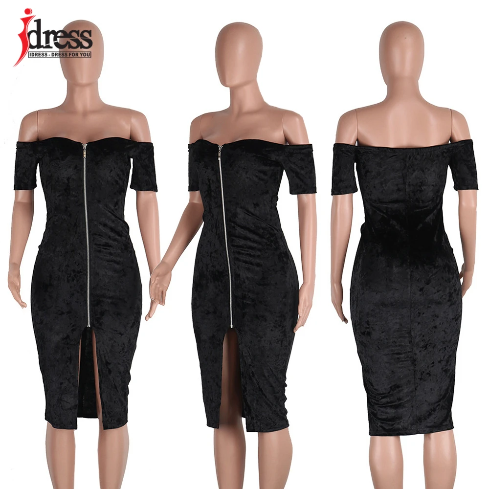 IDress 2017 Winter Velvet Dress Sexy Women Short Sleeve Strapless Backless Bodycon Bandage Dress Zip Spilt Club Party Dresses (3)