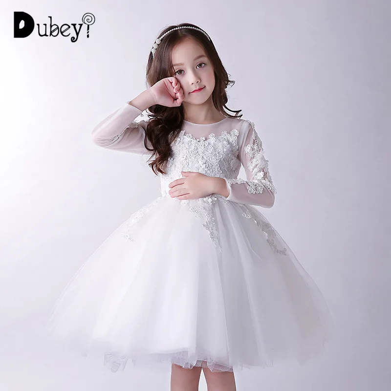 

New Teenager Girls' White Wedding Birthday Party Princess Dress Autumn Winter Elegant Flower Girl Lace Long Dress At Prom