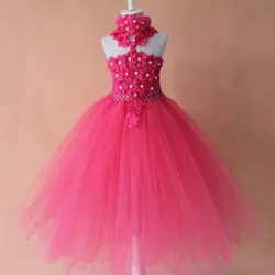 Ярко-розовое платье-пачка «кроше» для девочки с букетом оптовая и розничная продажа длинное платье-пачка для девочки с букетом детское