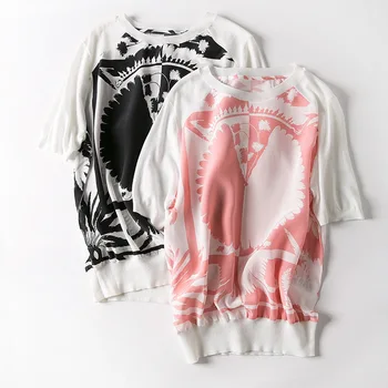 

New women s clothing in Europe and the coconut trees printing quality of knitted silk short sleeve T shirt