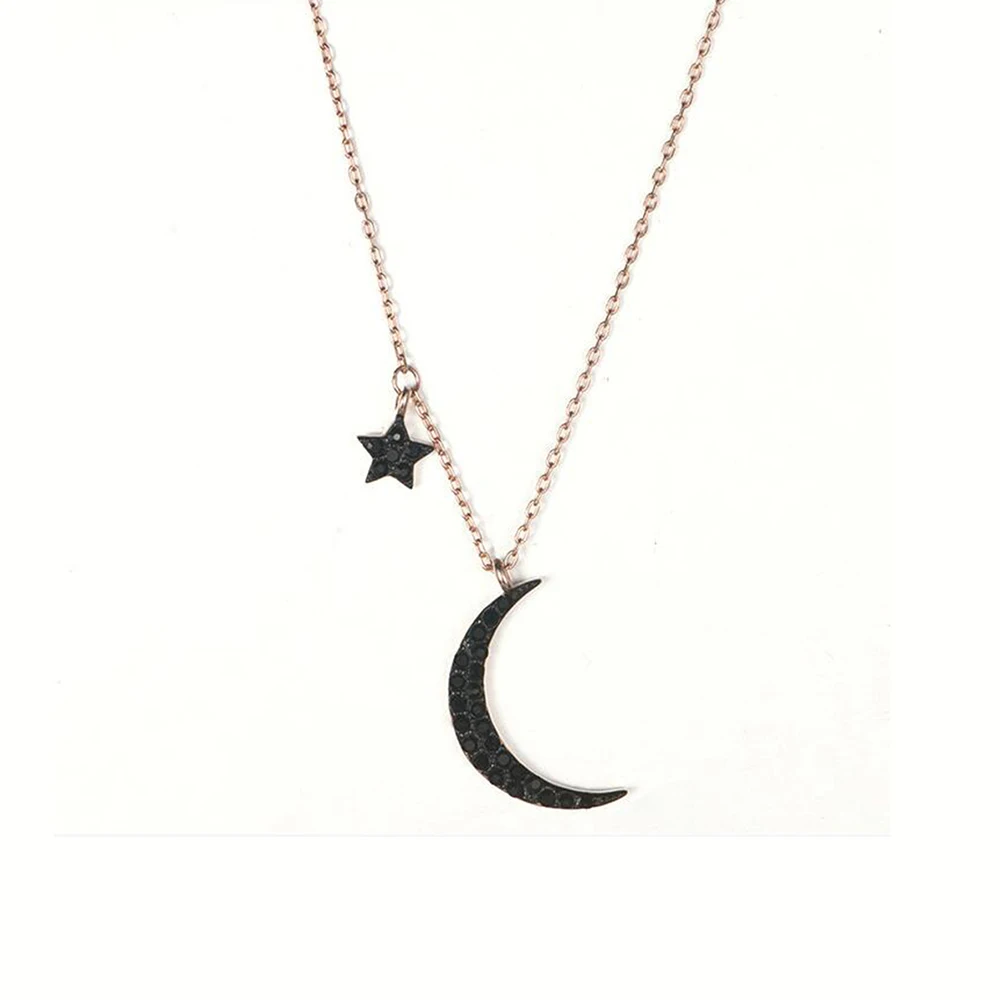 

925 Sterling Silver Minimalist Black CZ Zircon Choker Rose Gold Crescent Moon Best Friend Gift Boho Jewelry Star Necklaces
