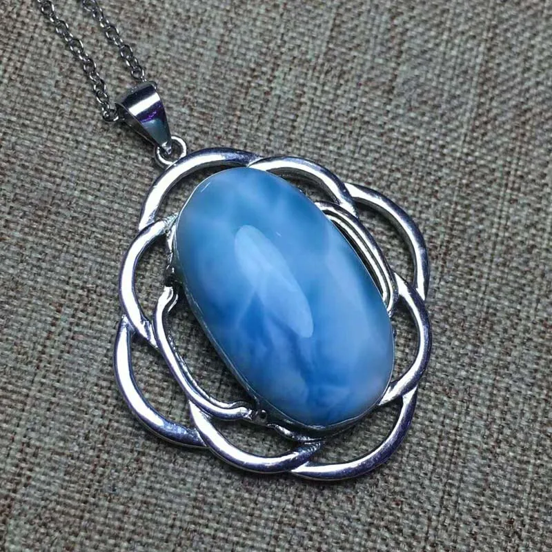 

KUIJIA Natural Larimar Copper Pectolite Pendants Larimar size 22.5*13.6mm S925 silver inlay Give S925 silver chain