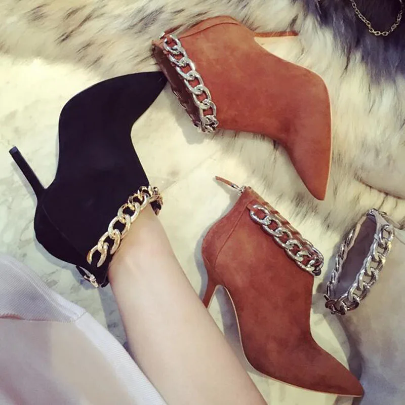 2017 New Stylish Spring Autumn Dress Shoes Women Pointed Toe High Heel Booties Mujer Vintage Chain Embellished Ankle Boots