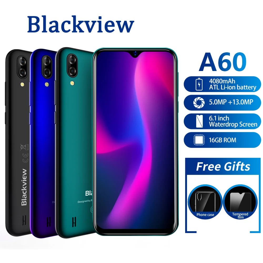 

Blackview A60 3G Mobile Phone Quad Core Android 8.1 4080mAh Cellphone RAM 1GB ROM16GB 6.1 inch 19.2:9 Screen Dual Camera Smartph