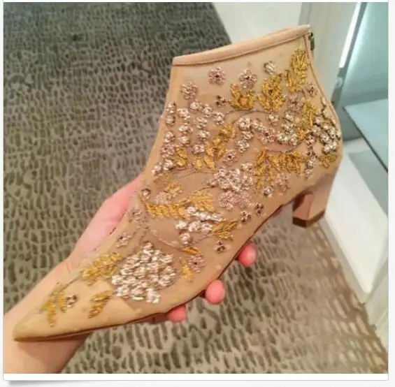

Womens Pointed Toe Mesh Rhinestone Zippers Ankle Boots Kitten Heels Shoes C56