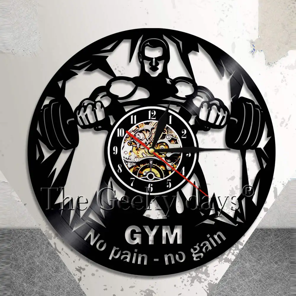 NO PAIN NO GAIN GYM Wall Clock Fitness Vinyl Record Wall Clock