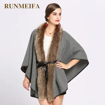 

RUNMEIFA New Fashion Women Winter Knitted Cardigan Ponchos Fake Fox Fur Cashmere Shawls Cape Coat Poncho Femme Elegant Foulards