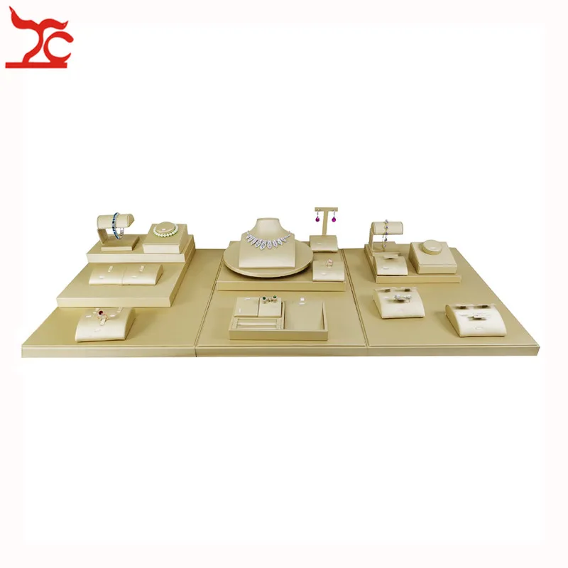 

New Jewelry Store Counter Shiowcase Kit Gold PU Ring Earring Necklace Bracelet Display Organizer Holder Stand