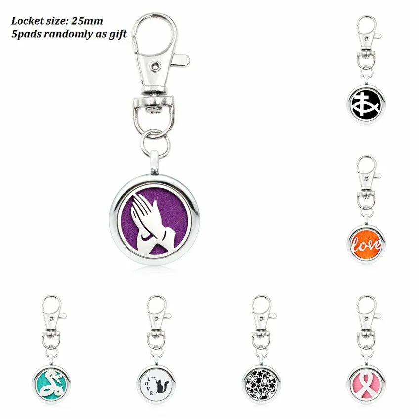

Pretty Key Chain Diffuser locket Flower love letter football essential oil locket key ring 25mm with Lobster clasp 5 Pad random