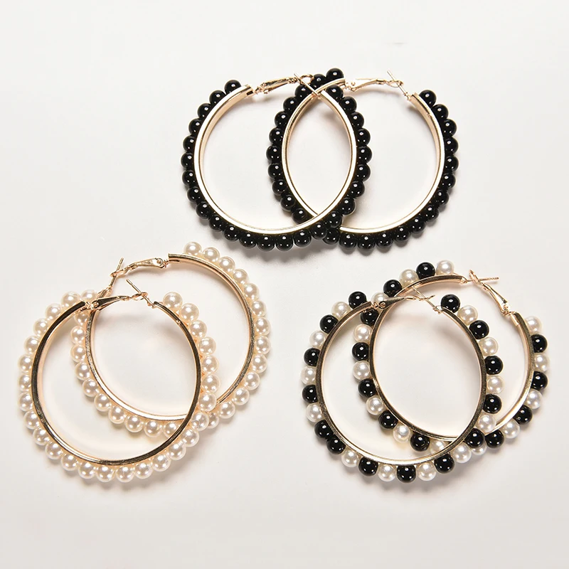 

1 Pair New Arrival Women Girls Jewelry Hoop Earring Black White Pearl Earring With Stainless Steel Pin Big Circle Loop Earrings