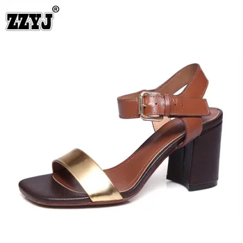 ZZYJ 2017 Summer Brand New Brown Natural leather And Black Natural suede Sandals Woman Shoes Thick with Fashion High heels