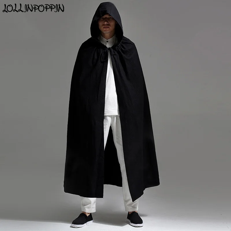 Men Hooded Cloak Long Style Trench Jacket Linen Coat Open Placket ...