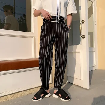 

Male Suit Pants Streetwear Men High Waist Stripe Casual Pant Fashion Hip Hop Harem Trousers