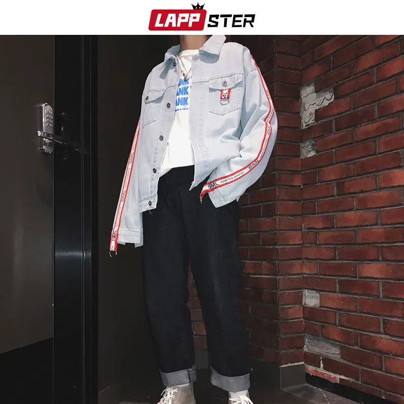 LAPPSTER Men Streetwear Side Striped Blue Jean Jackets 2019 Man Japanese Streetwear Harajuku Denim Jacket Windbreaker INS Ribbon LAPPSTER Men Streetwear Side Striped Blue Jean Jackets 2019 Man Japanese Streetwear Harajuku Denim Jacket Windbreaker INS Ribbon