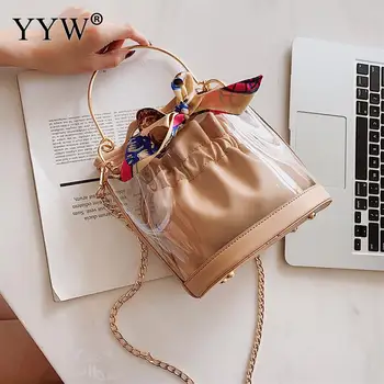 

Khaki PVC Drawstring Bucket Bag Transparent Ribbons Handbag With 2pcs Gift Fashion Bags Chain Crossbody Bags Ladies Christmas