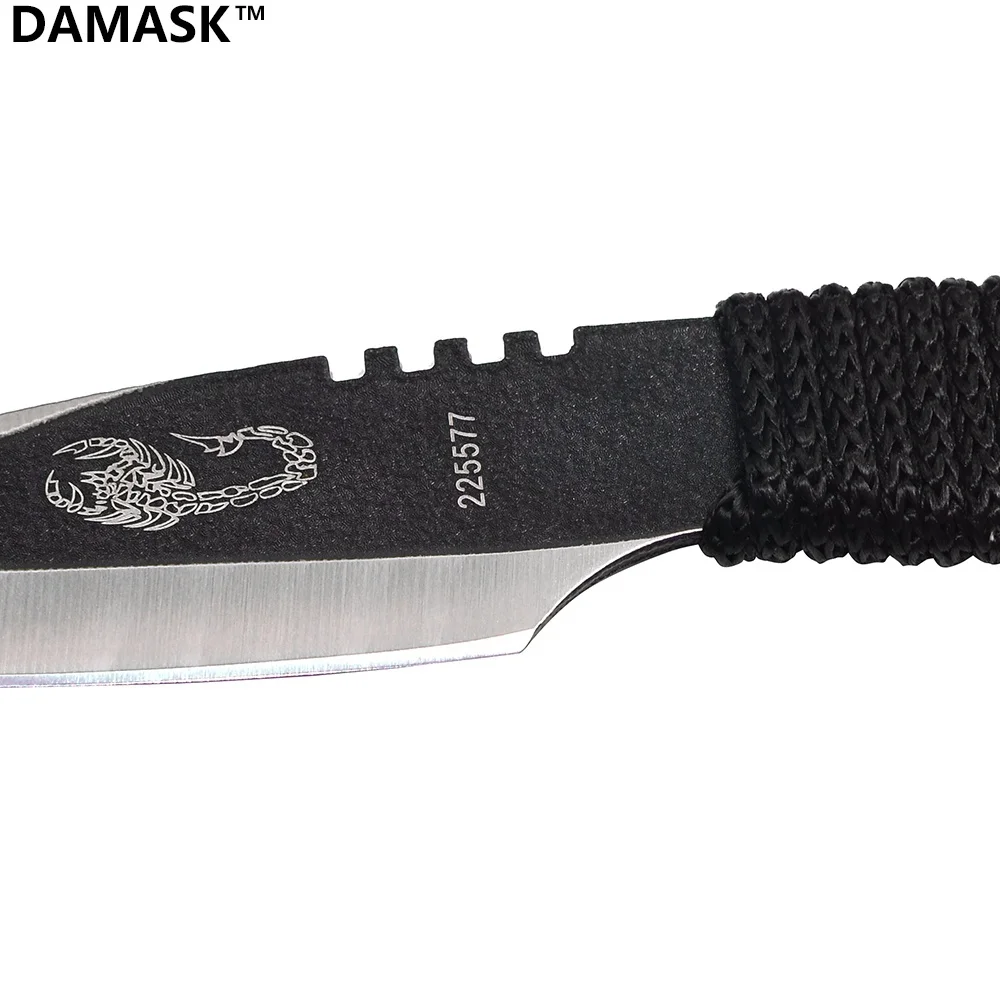Black Stainless Steel Top Knife Fixed Blade Ourdoor Survival Knife Serrated Edge Rope Handle Knife Tactical Adventure Knife