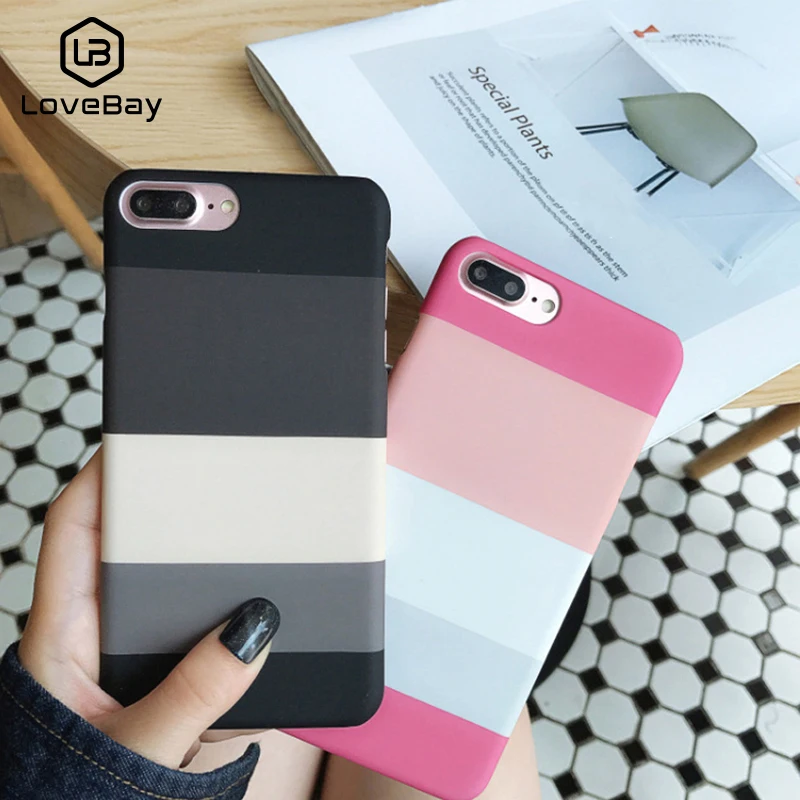 

Lovebay Fashion Cute Couple Case For iPhone 6 6S 7 8 Plus X Simple Pink Black Stripe 3D Pattern Hard PC For iPhone 7 Phone Cover