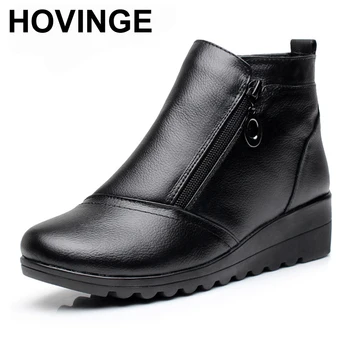 

HOVINGE Genuine Leather Women Side Zipper Comfortable Wedges Heel Ankle Boots Fashion Round Toe Keep Warm Winter Shoes