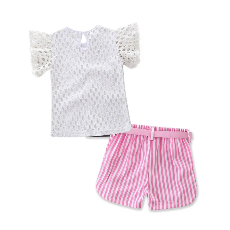 Big Cow Baby Girls Clothes 3PCS Set Cute Summer Kids Short Sleeve Lace Shirt+Striped Shorts+Belt Outfits Children Clothing Set (15)