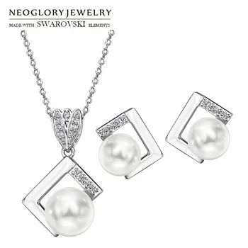 

Neoglory Zircon & Simulated Pearl Jewelry Set Exquisite Square Style White Color Necklace & Earrings For Women Classic Gift