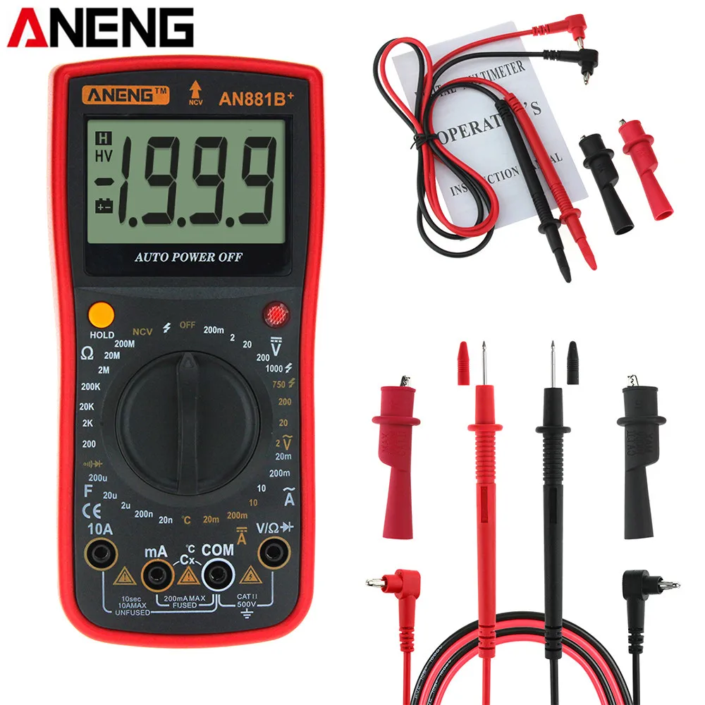 

ANENG AN881B+ Digital Multimeter AC DC Voltage Current Capacitance Resistance Temperature Diode Triode Tester + Crocodile Clip