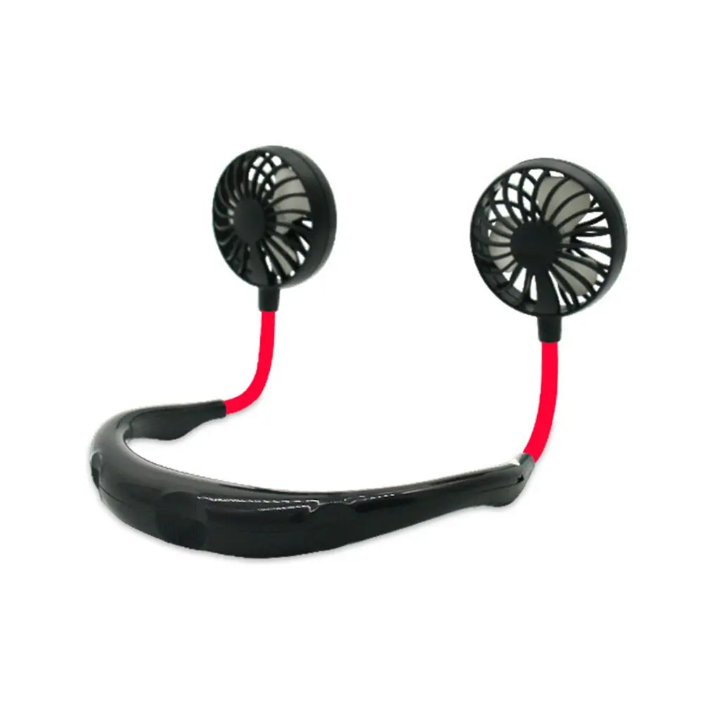 USB с двойной головкой, висящий на шее, маленький размер, ручной электрический вентилятор, кондиционер, охладитель, охлаждающий вентилятор, летний настольный стол, Прямая поставка - Цвет: black