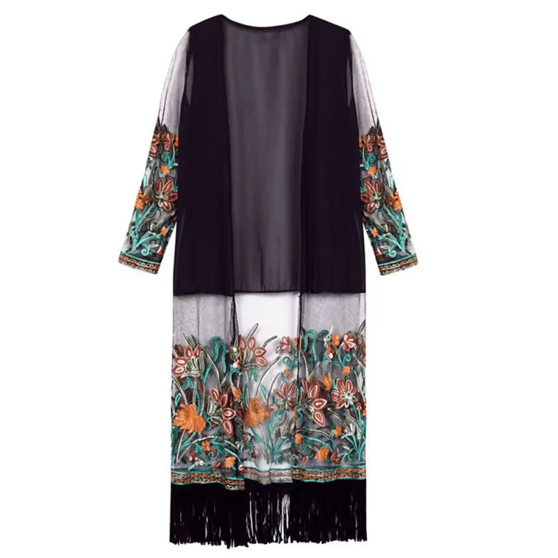 Women Vintage Tradition Floral Tassel Summer Blouse Boho Patchwork Embroidery Transparet Beach Top Chiffon Kimono Long Cardigan