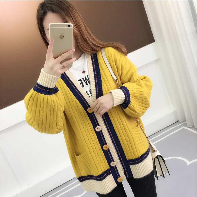 2021 Woman Sweaters Cardigan Contrast Color Knitted Coat Long Sleeve V-neck Jacket Korean Causal Women Cardigans |