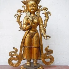 Xd 001649 2" Китай бронза gild Буддизм лотос цветок рук Кван-инь статуя Скульптура