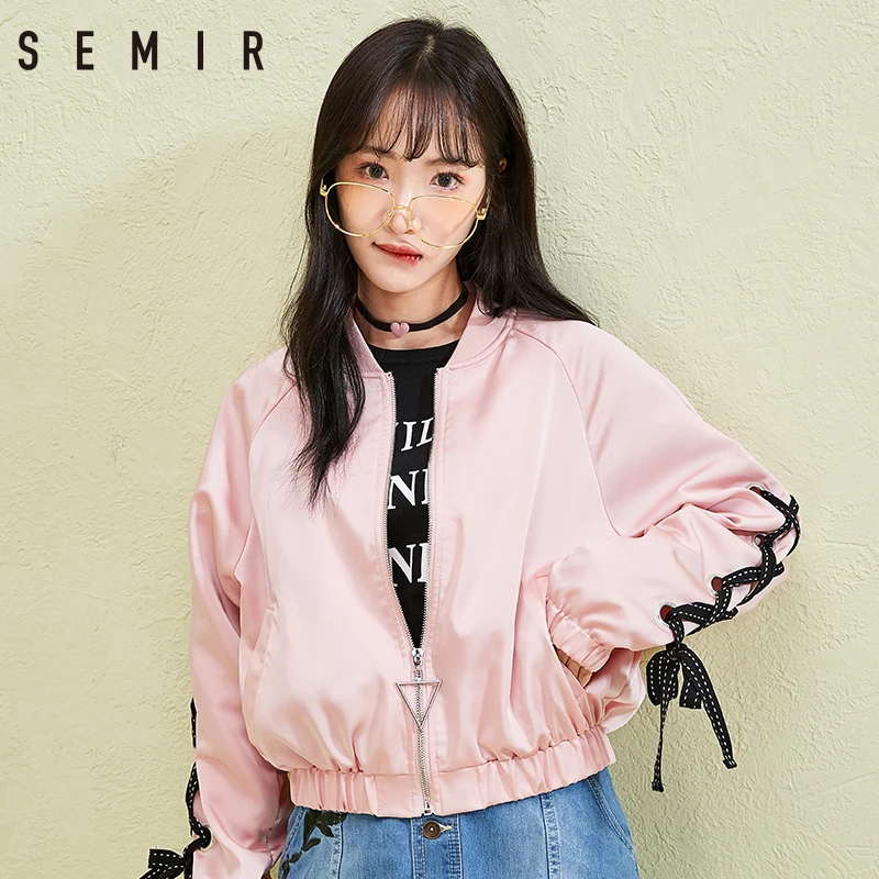 SEMIR Jackets fashion short basic stand collar bombardier Jacket baseball uniform Bind decoration zip Coats jackets for women