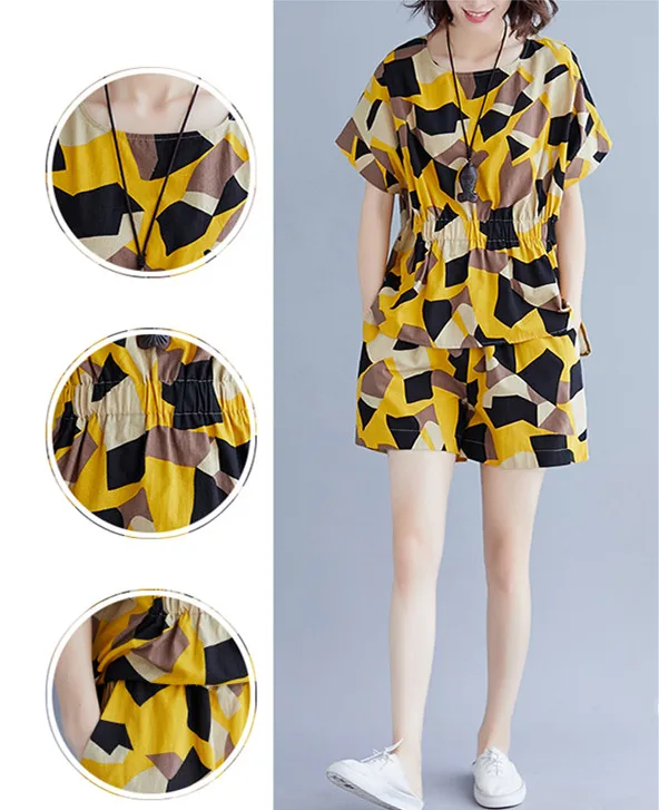 

Mr.nut large size women's 2019 new tide summer suit loose thin geometric print shirt casual shorts fashion