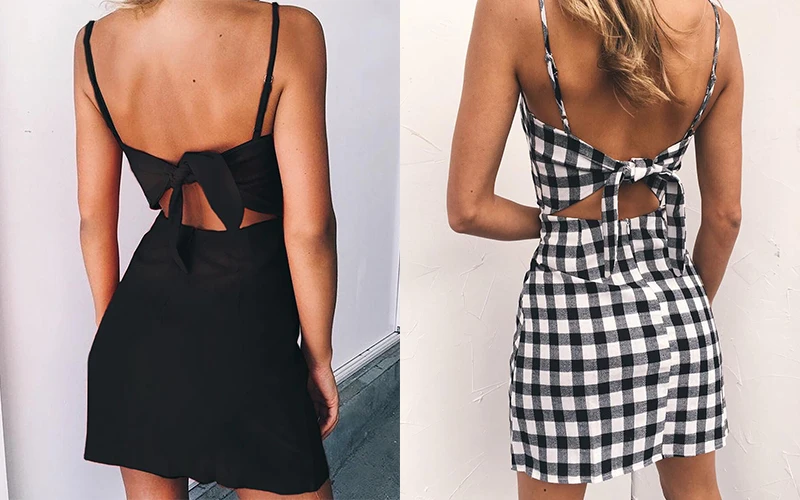 BONGOR LUSS Women Summer Beach Dress Sexy Spaghetti Strap Sleeveless Tie Back Bow Solid Casual Mini Cotton Linen Dress black white Sundress (7)