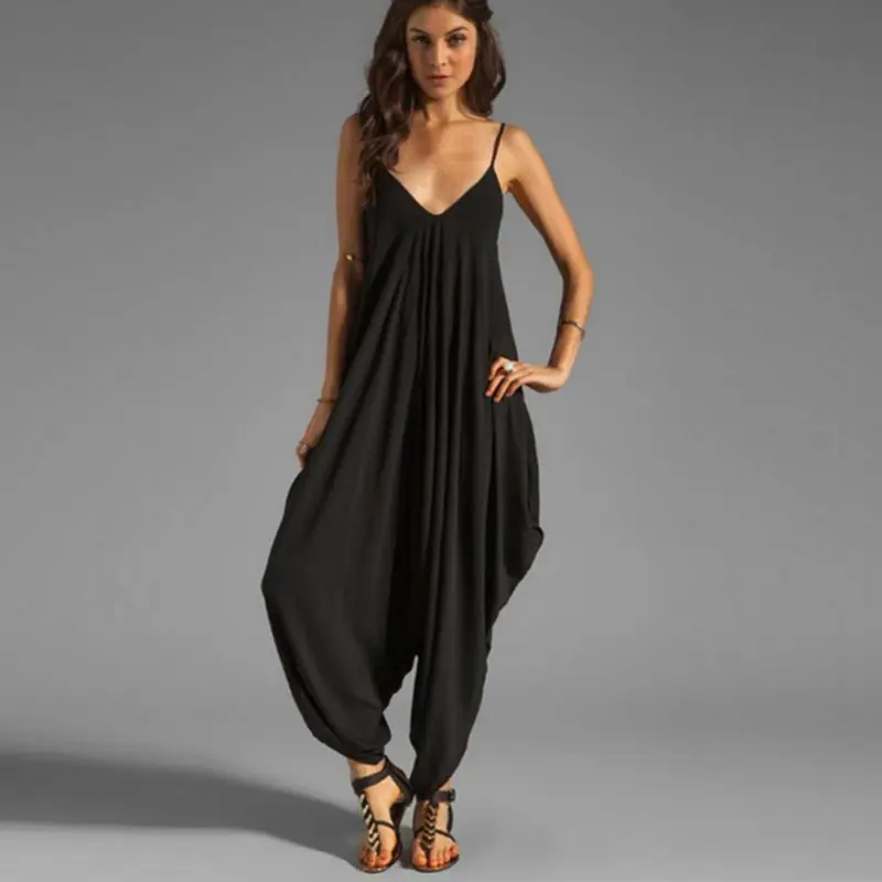 

Summer Women V Neck Loose Baggy Fit Beach Party Jumpsuit Romper Harem Black Suit
